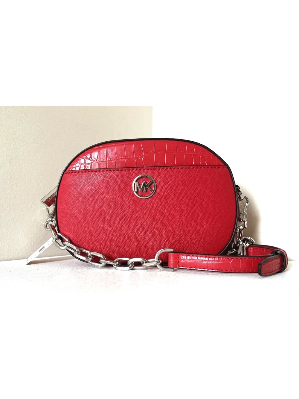 New Michael Kors Jet Set Glam Croc Small Oval Crossbody Bag Bright Red
